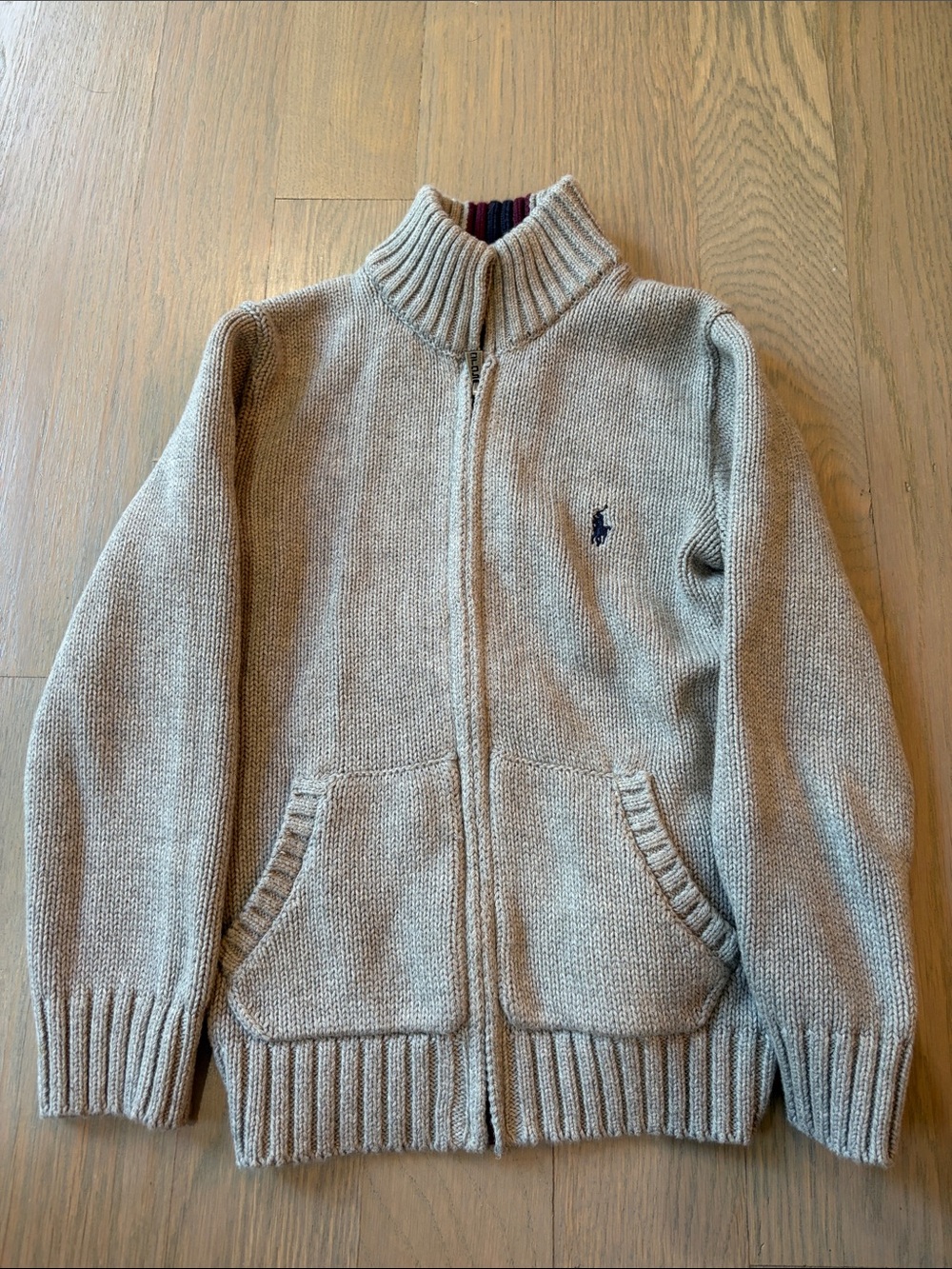 Ralph Lauren Beige Full-Zip Knit Sweater with Navy Pony